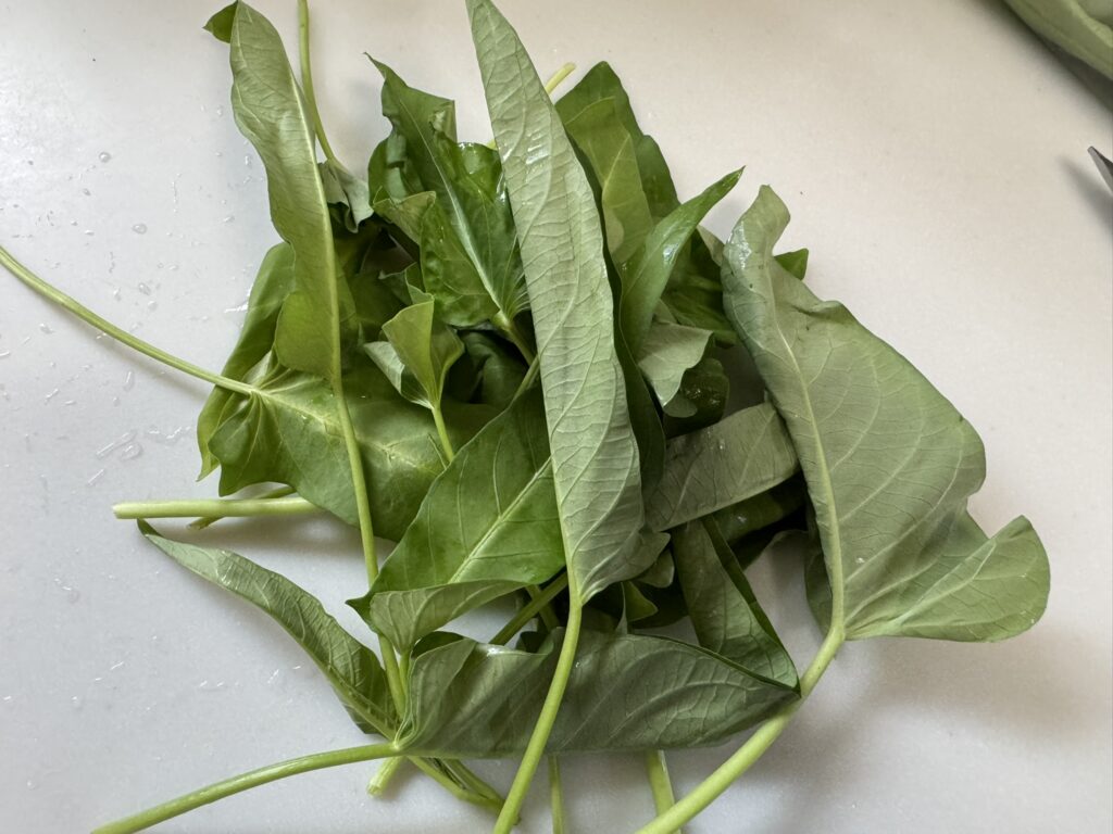 茎からカットした空心菜(くうしんさい)の葉っぱ
